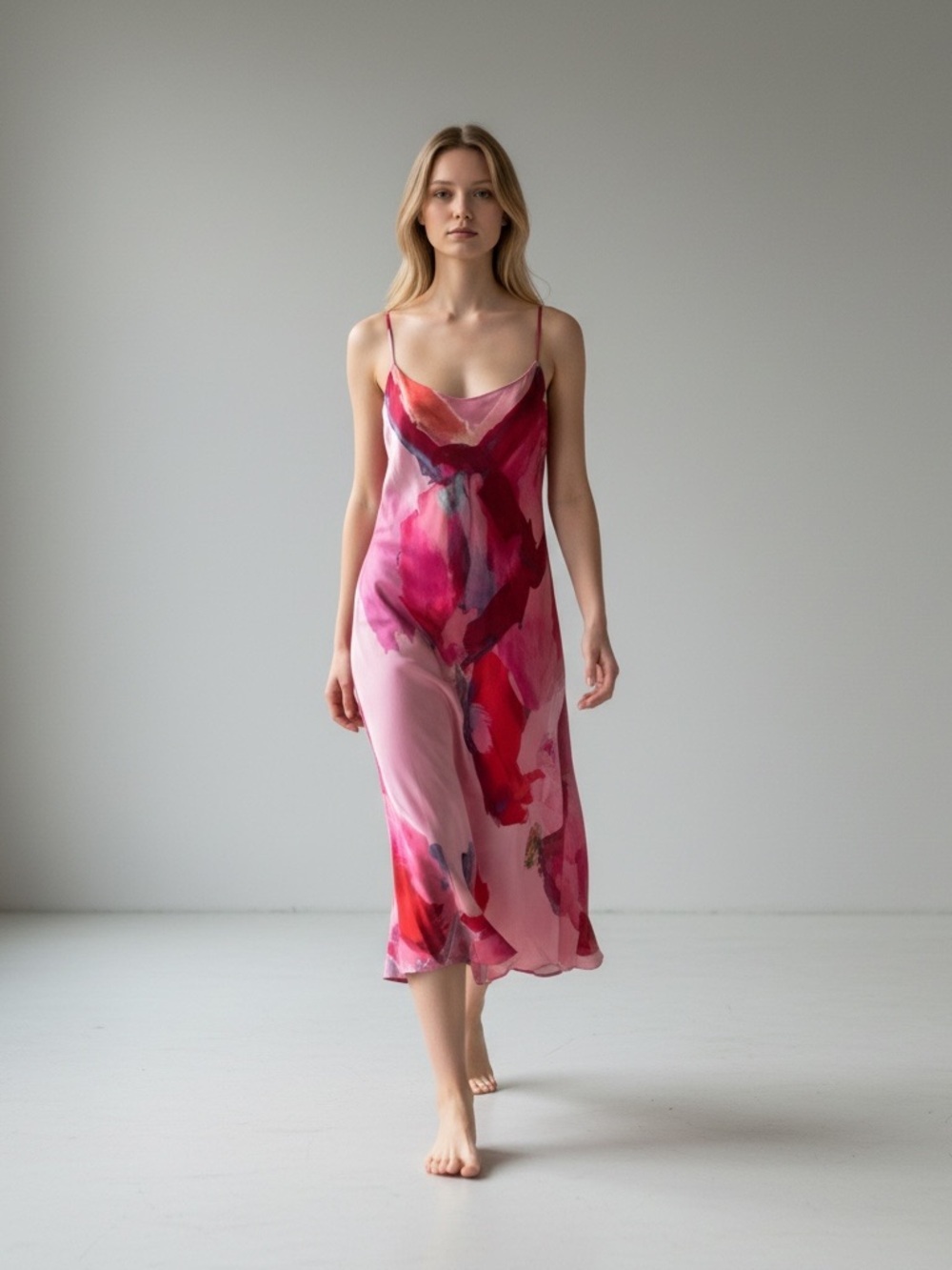 NATORI Pink Watercolor Slip Dress Sleepwear Sleep Sexy L Flowy Weekend Casual
